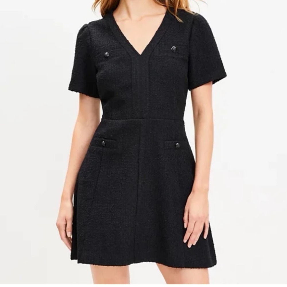 ✅ LOFT Black Tweed Fit & flare Short Sleeve Dress Size 2